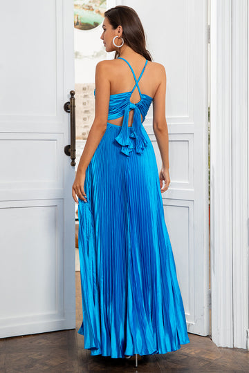 V-Neck Lake Blue Ruched Pleated Long Ball Dress